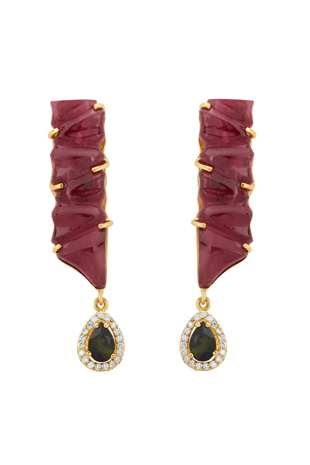 Diamond Tourmaline Sculpture Drop Earrings-YELLOW GOLD-JEWELRYFINE JEWELEARRING-GAYA JOYAS