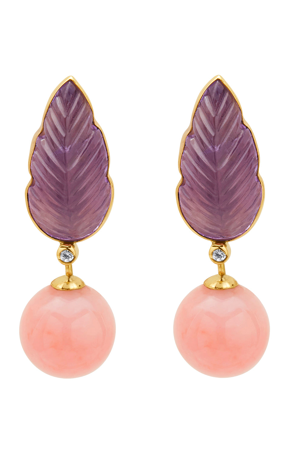 Pink Opal Amethyst Leaf Earrings-YELLOW GOLD-JEWELRYFINE JEWELEARRING-GAYA JOYAS
