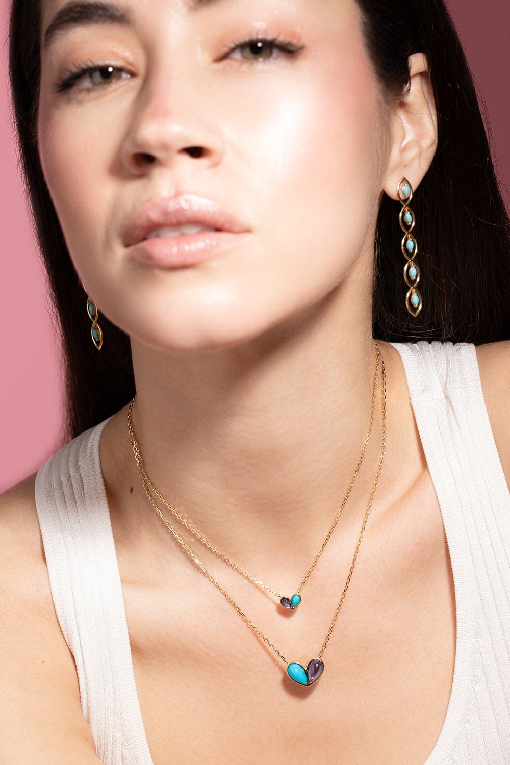 GEMELLA JEWELS-Blue Sapphire and Turquoise Sweetheart Necklace-YELLOW GOLD