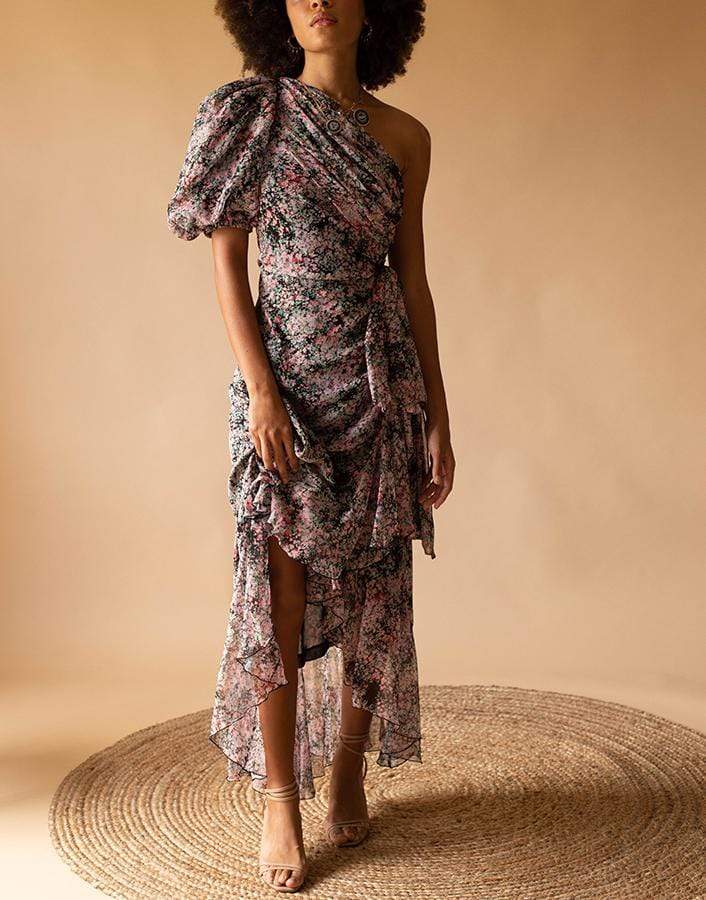 GIAMBATTISTA VALLI-One Shoulder Print Midi Dress-ROSE/GRN