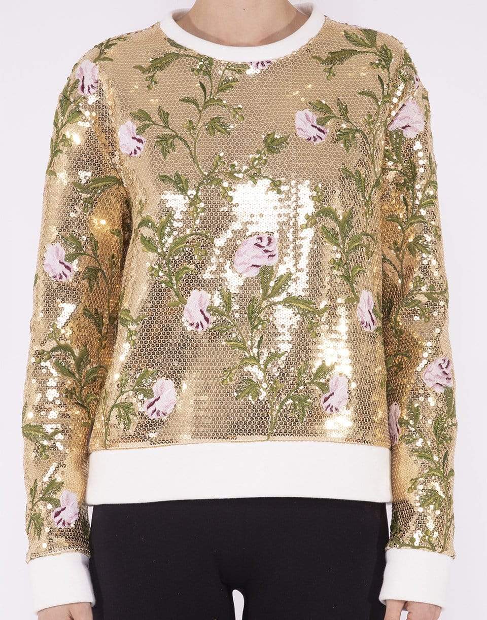GIAMBATTISTA VALLI-Gold Sequin Crewneck Floral Sweatshirt-GLD/MULT
