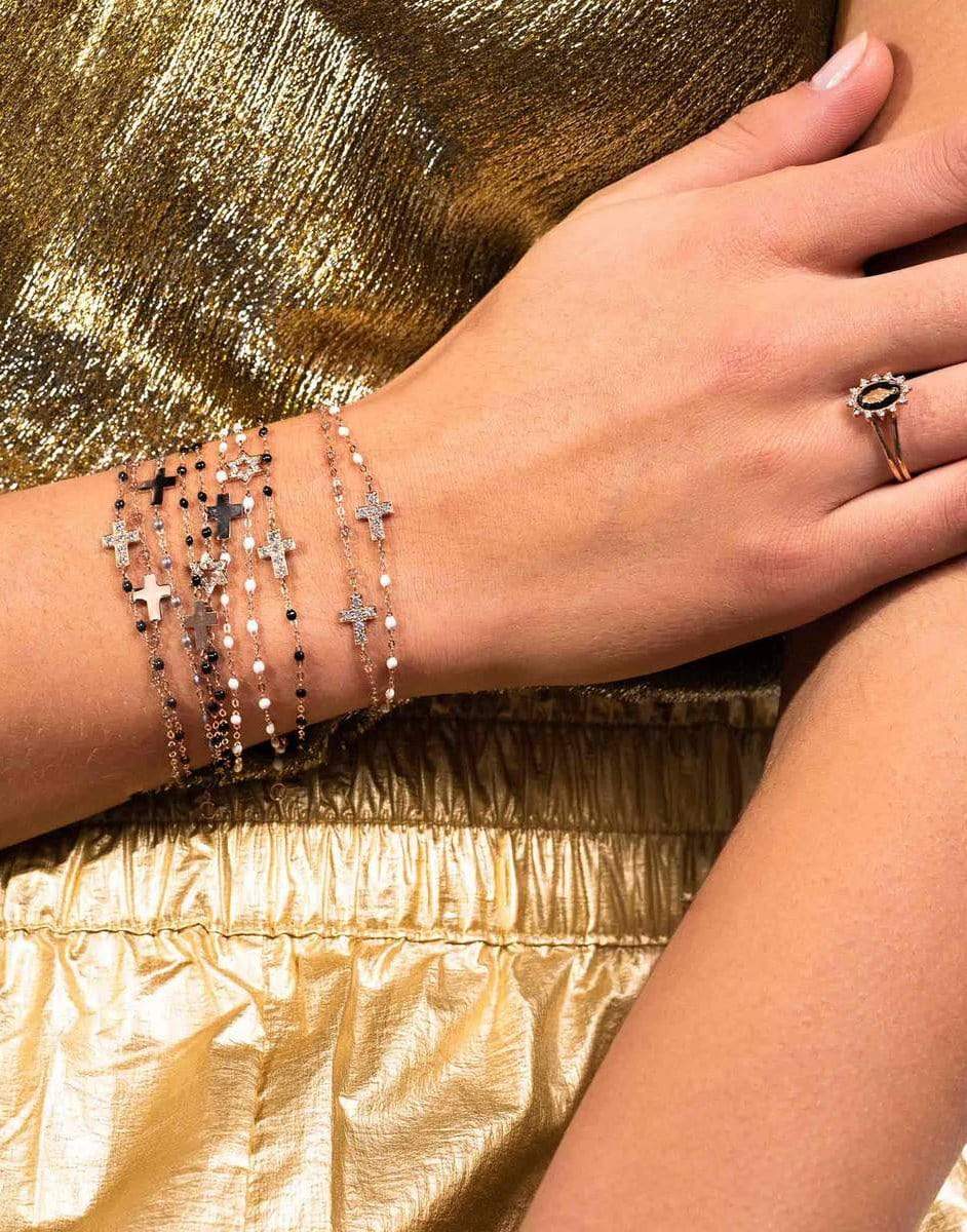 GIGI CLOZEAU-Black Cross Charm Diamond Bracelet-YG/BLK