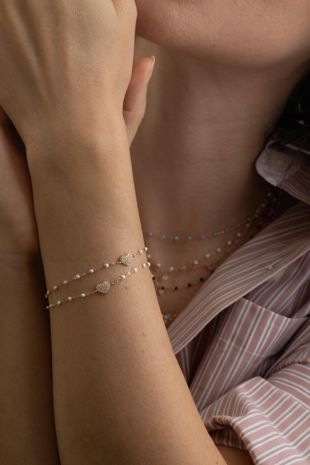 Diamond Baby Pink Classic In Love Bracelet - Yellow Gold-BABY PINK-6.7-JEWELRYFINE JEWELBRACELET O-GIGI CLOZEAU