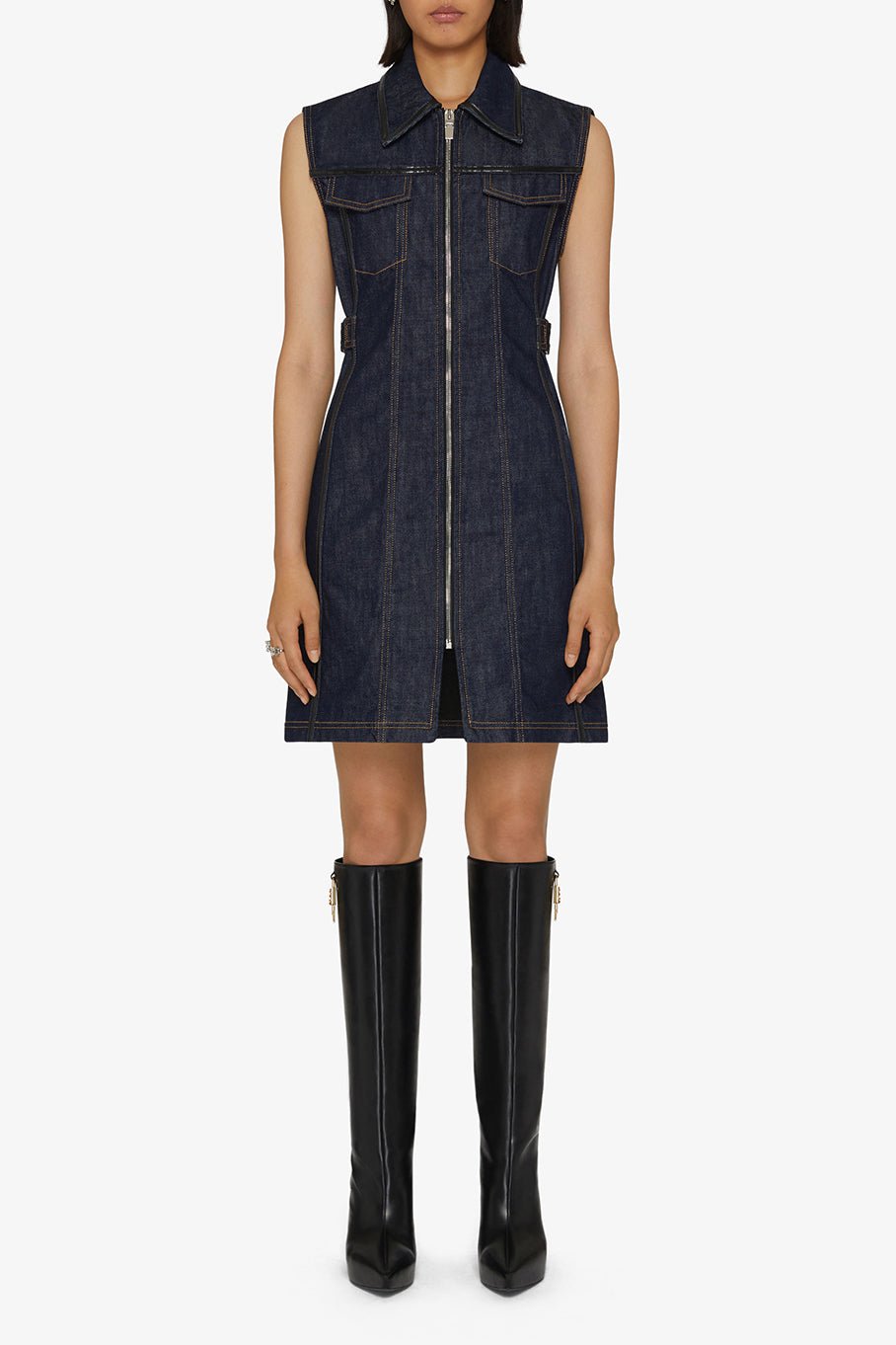 GIVENCHY-Sleeveless Zip Front Denim Dress-