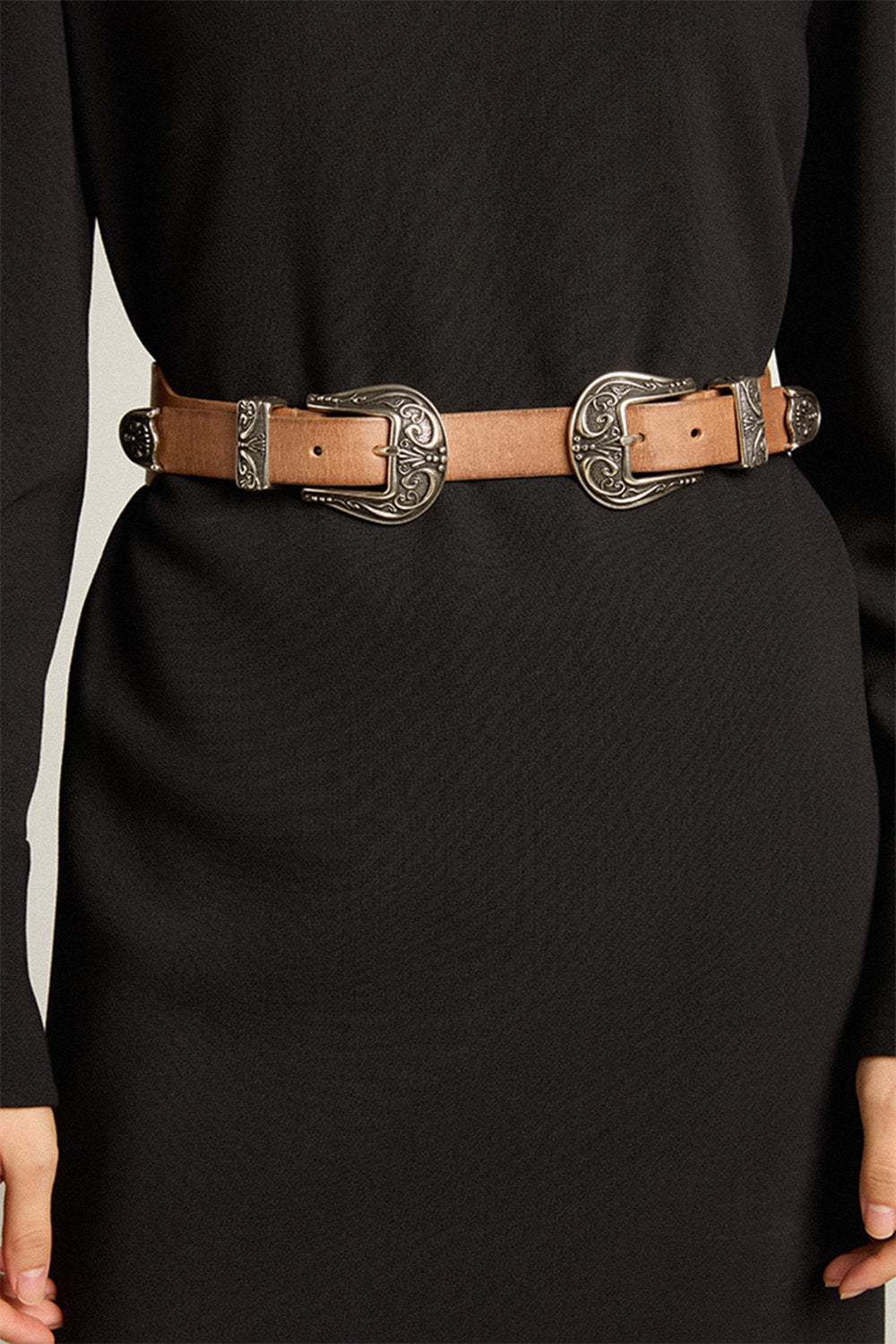 Double Buckle Washed Leather Belt - Sand-SAND-70-ACCESSORIEBELTS-GOLDEN GOOSE