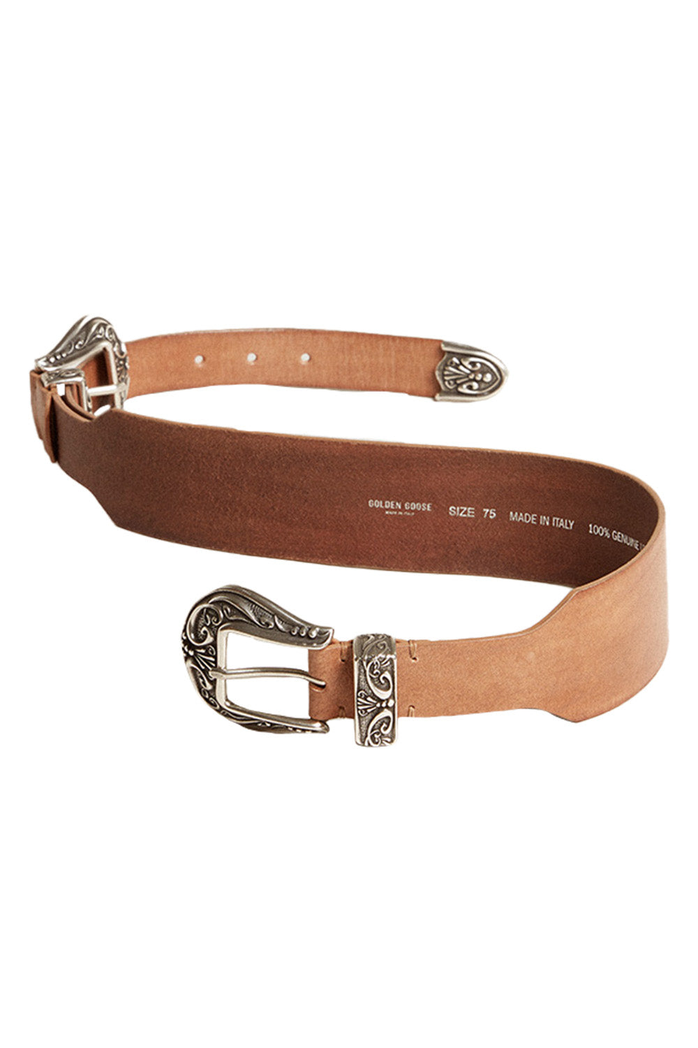 Double Buckle Washed Leather Belt - Sand-SAND-70-ACCESSORIEBELTS-GOLDEN GOOSE