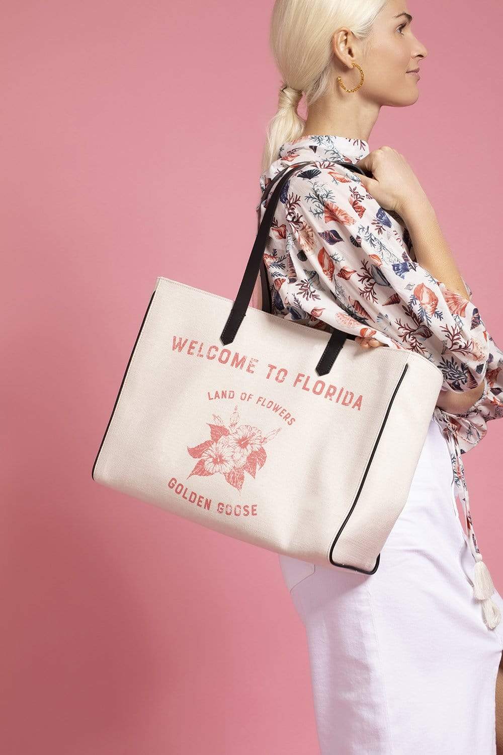 GOLDEN GOOSE-California Bag E-W "Welcome to Florida"-WHT/PNK
