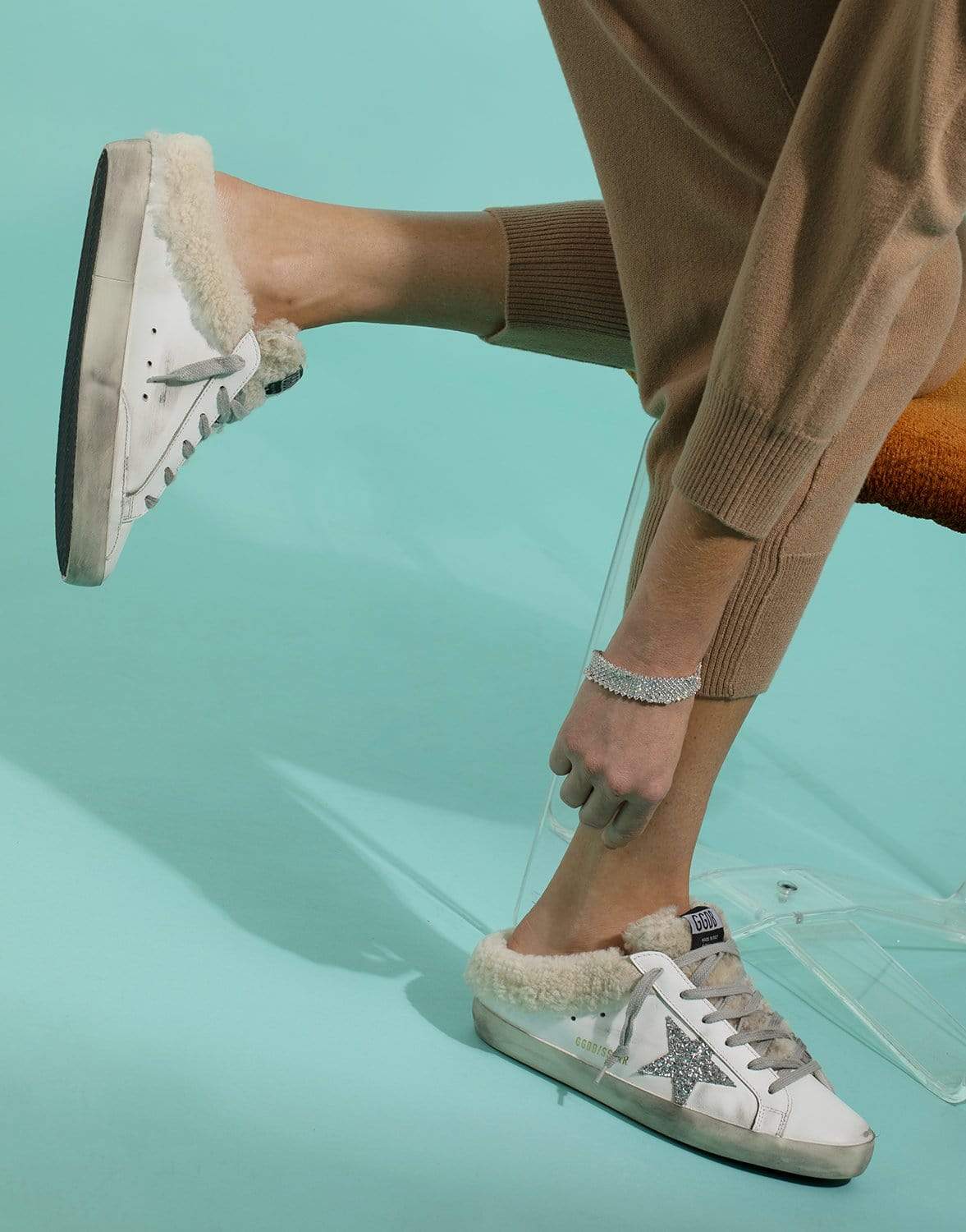 GOLDEN GOOSE-Super-Star Sabot Leather Slip-On Sneaker - Upper Glitter Star Shearling Lining-