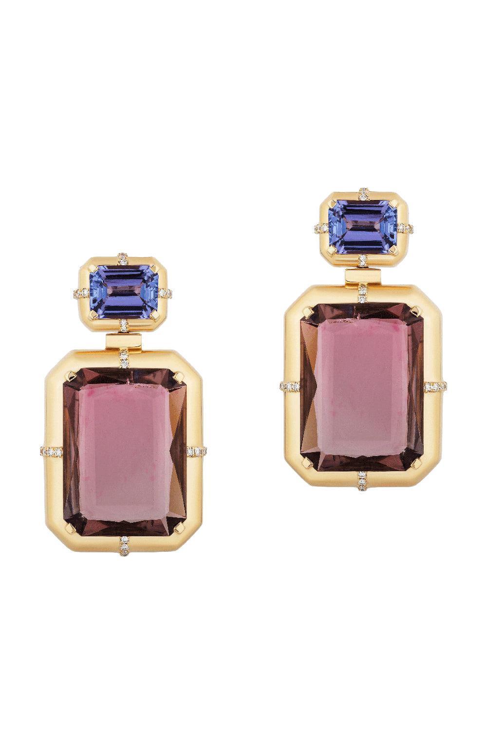 Two Tier Tanzanite Tourmaline G-One Earrings-YELLOW GOLD-JEWELRYFINE JEWELEARRING-GOSHWARA