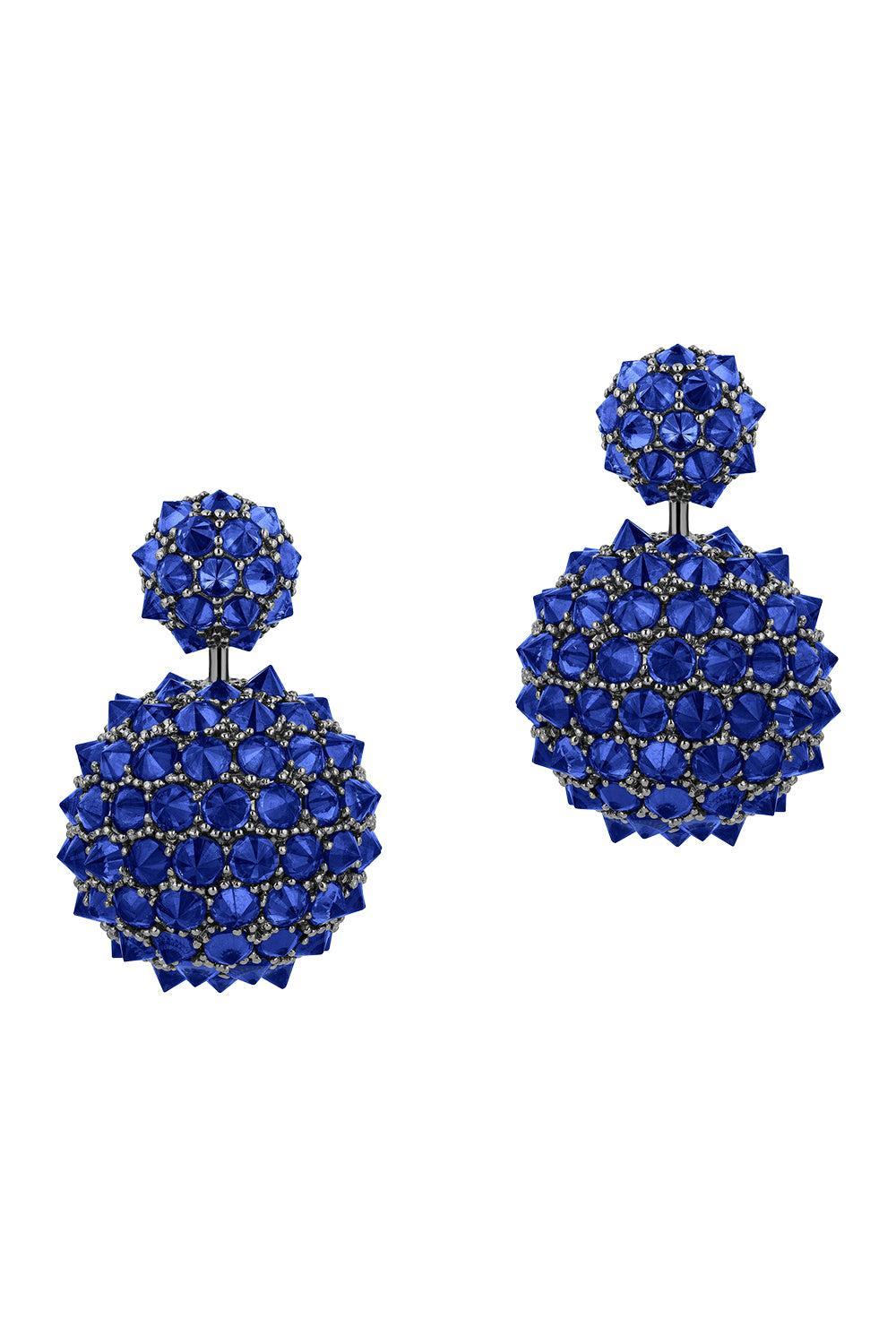 Blue Sapphire Double Ball Drop Earrings-WHITE GOLD-JEWELRYFINE JEWELEARRING-GOSHWARA