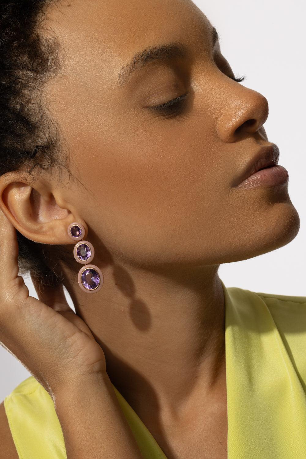 Three Tier Oval Amethyst Melange Earrings-ROSE GOLD-JEWELRYFINE JEWELEARRING-GOSHWARA