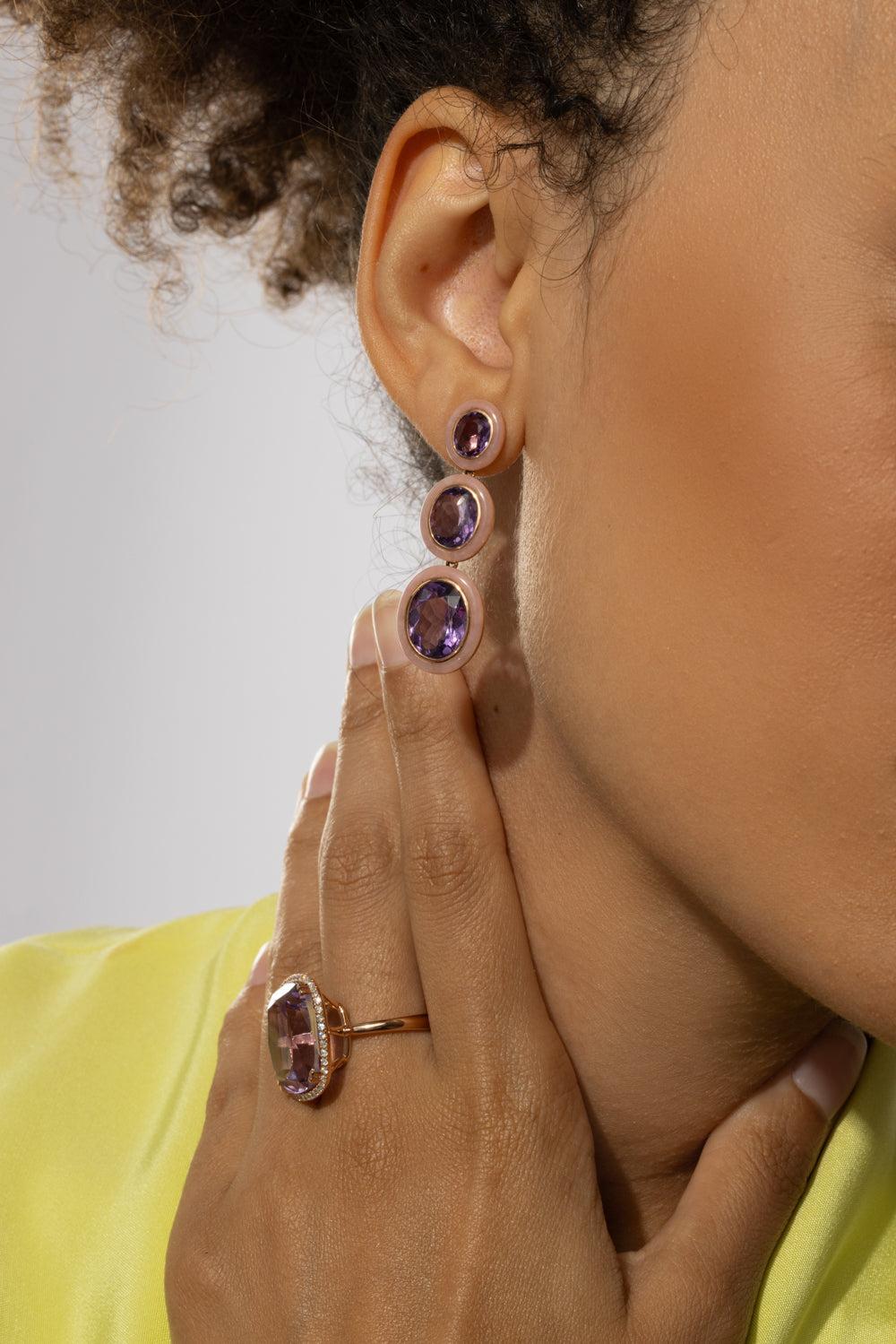 Three Tier Oval Amethyst Melange Earrings-ROSE GOLD-JEWELRYFINE JEWELEARRING-GOSHWARA