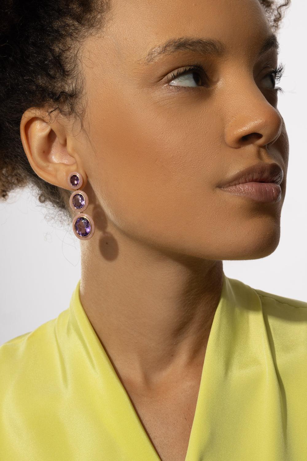 Three Tier Oval Amethyst Melange Earrings-ROSE GOLD-JEWELRYFINE JEWELEARRING-GOSHWARA
