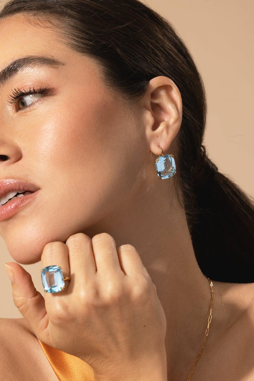 GOSHWARA-Blue Topaz Cushion Earrings-YELLOW GOLD