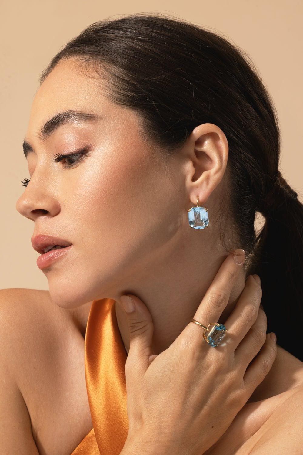 GOSHWARA-Blue Topaz Cushion Earrings-YELLOW GOLD