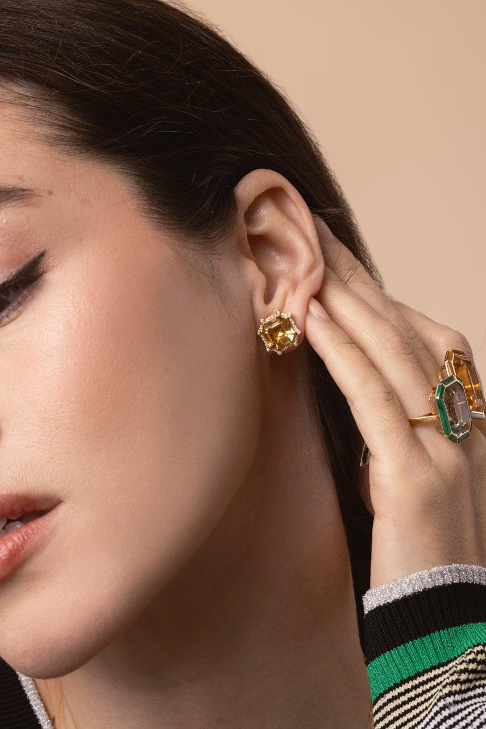 GOSHWARA-Citrine Diamond Stud Earrings-YELLOW GOLD
