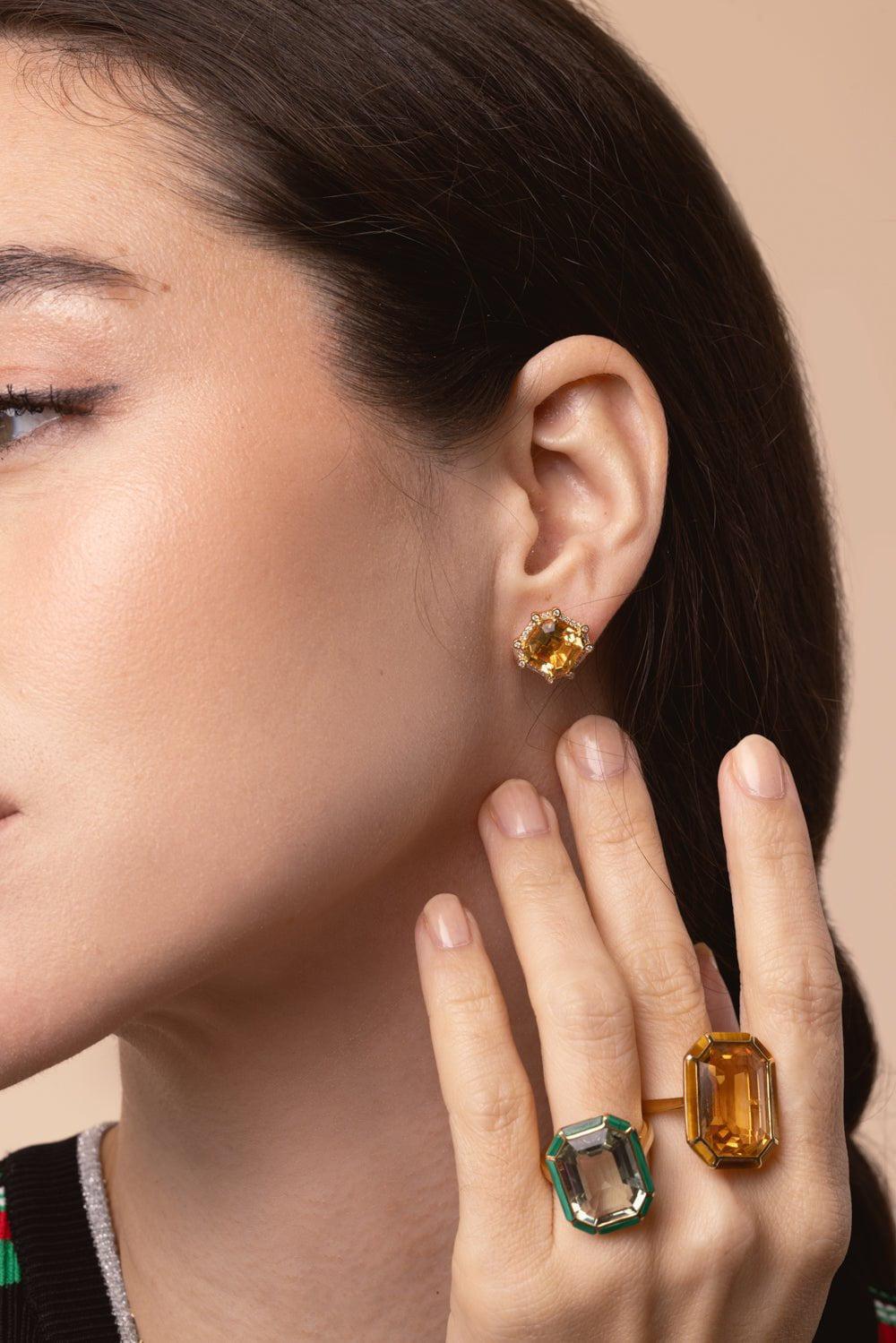 GOSHWARA-Citrine Diamond Stud Earrings-YELLOW GOLD