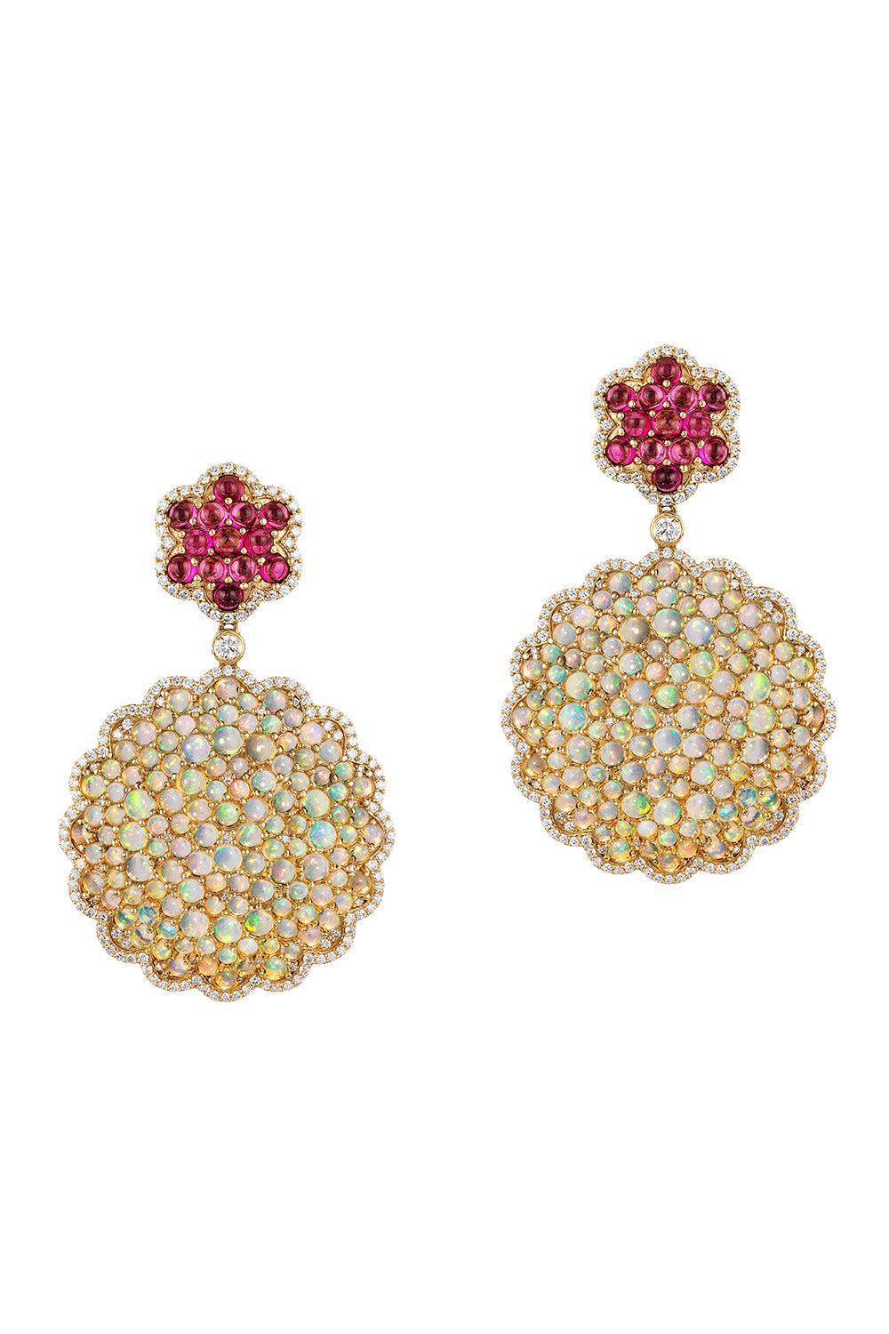 Diamond Opal Rubellite Cabochon Cluster G-One Earrings-YELLOW GOLD-JEWELRYFINE JEWELEARRING-GOSHWARA