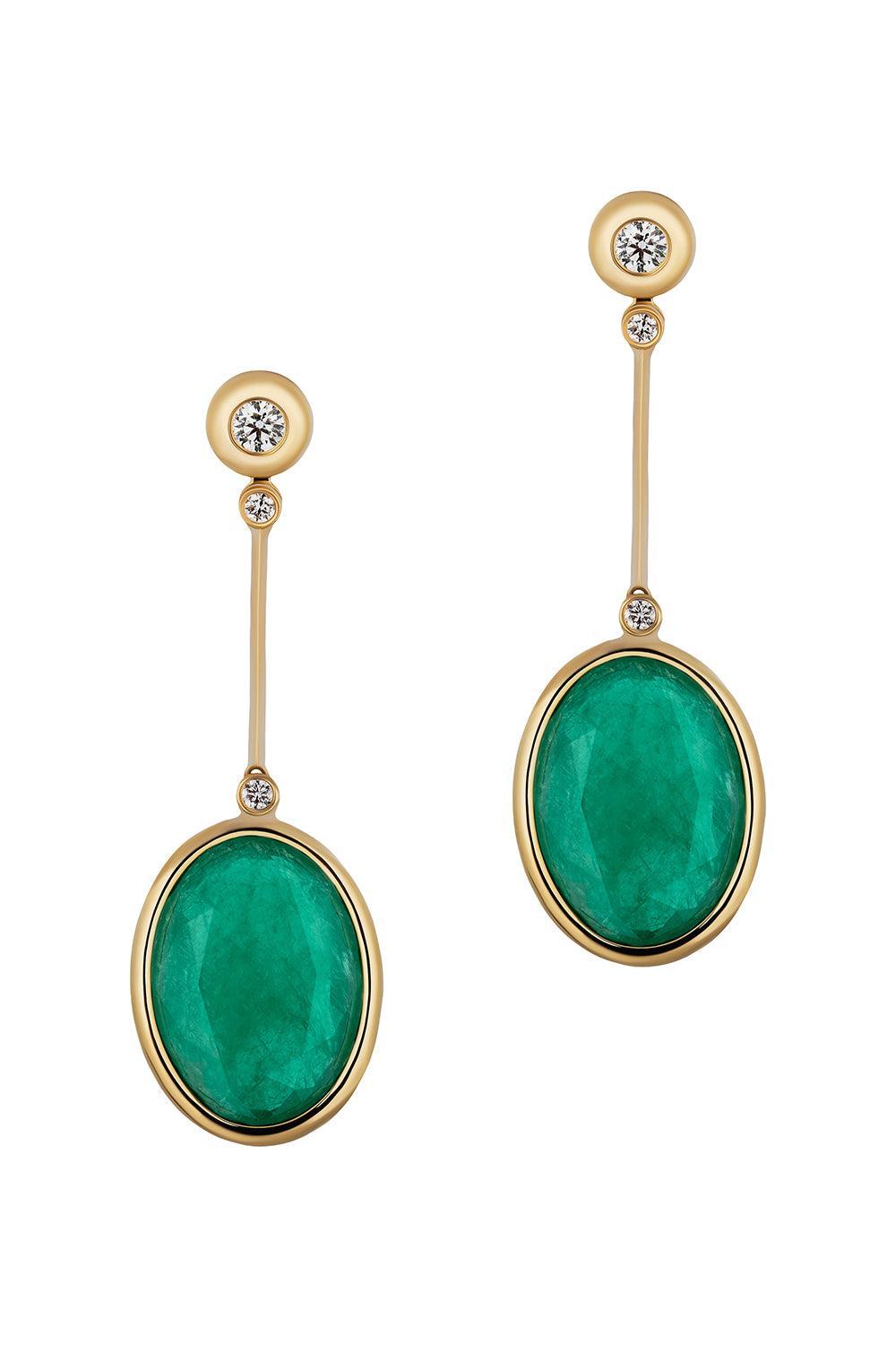 Emerald Faceted Oval Long G - One Earrings-YELLOW GOLD-JEWELRYFINE JEWELEARRING-GOSHWARA