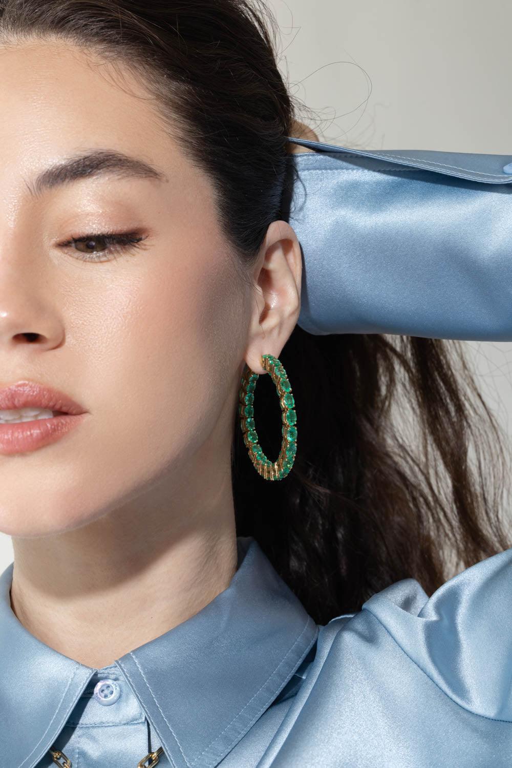 GOSHWARA-Emerald Hoop Earrings-YELLOW GOLD