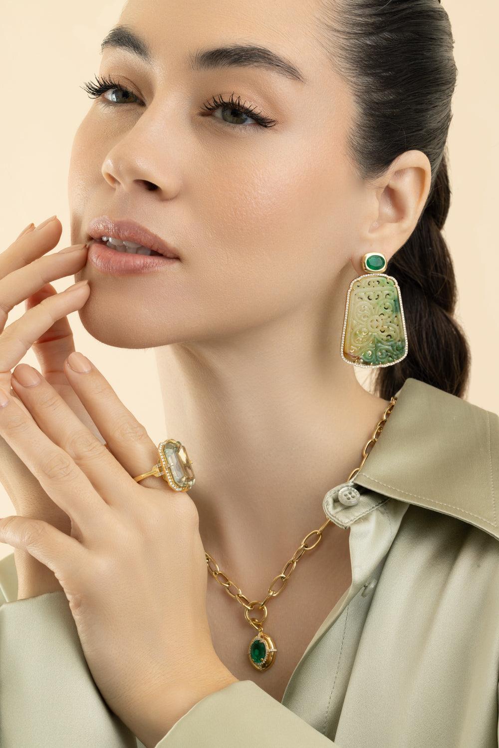 Emerald Jade Oval G - One Earrings-YELLOW GOLD-JEWELRYFINE JEWELEARRING-GOSHWARA