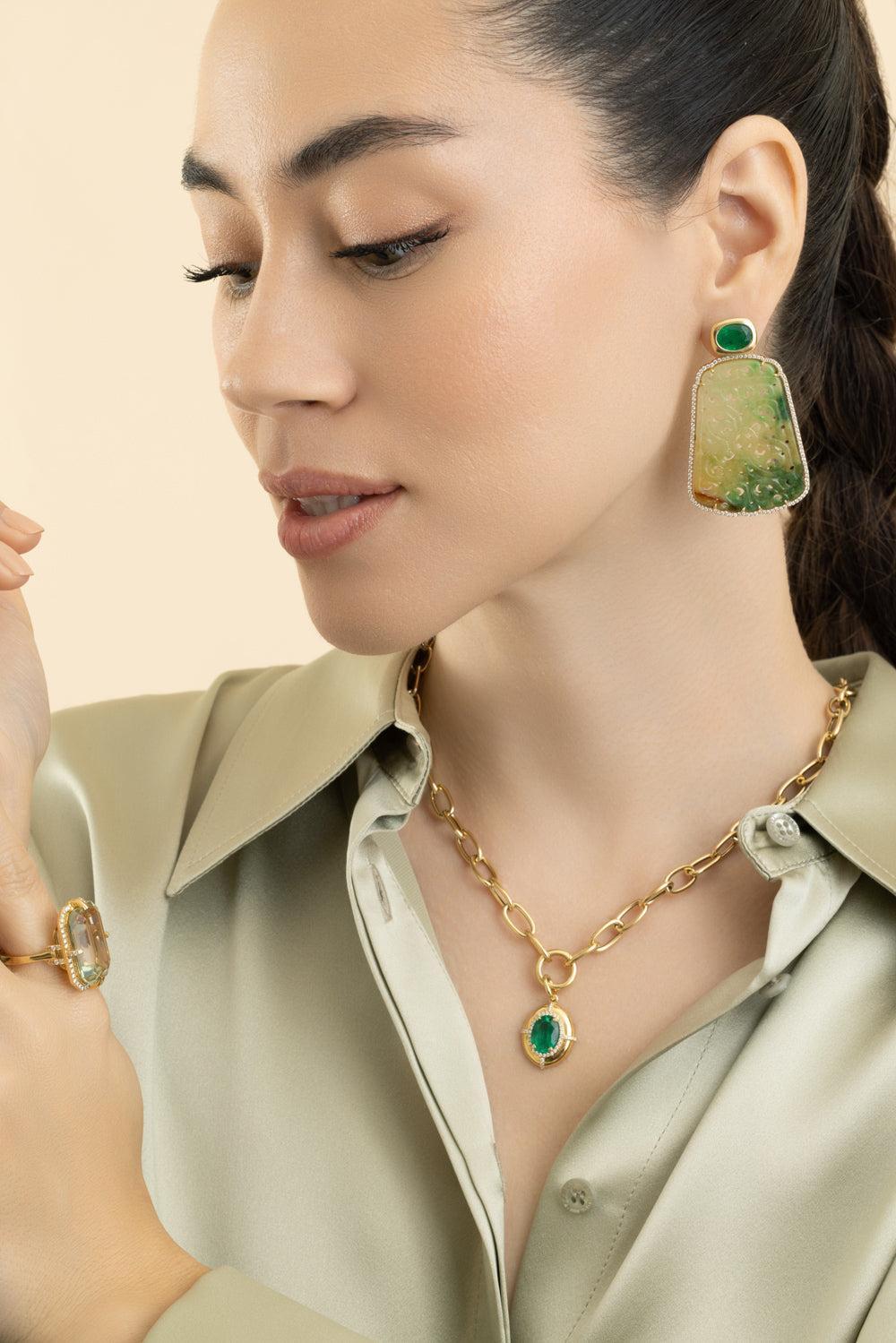 Emerald Jade Oval G - One Earrings-YELLOW GOLD-JEWELRYFINE JEWELEARRING-GOSHWARA