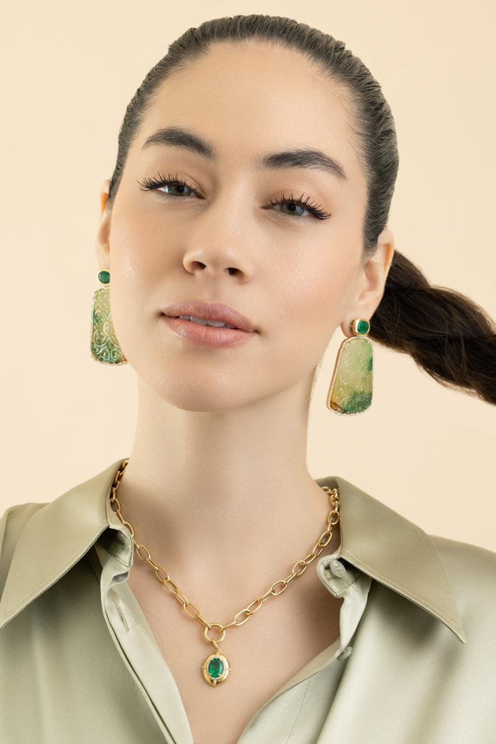 Emerald Jade Oval G - One Earrings-YELLOW GOLD-JEWELRYFINE JEWELEARRING-GOSHWARA