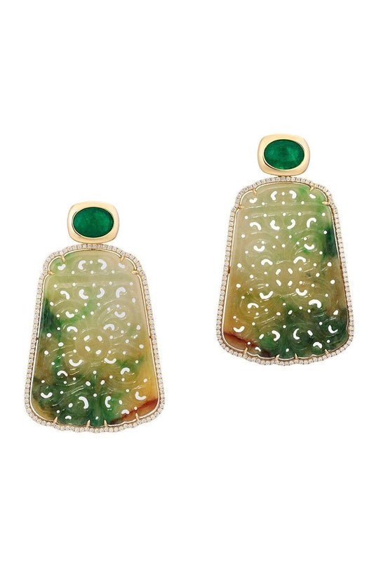 Emerald Jade Oval G - One Earrings-YELLOW GOLD-JEWELRYFINE JEWELEARRING-GOSHWARA