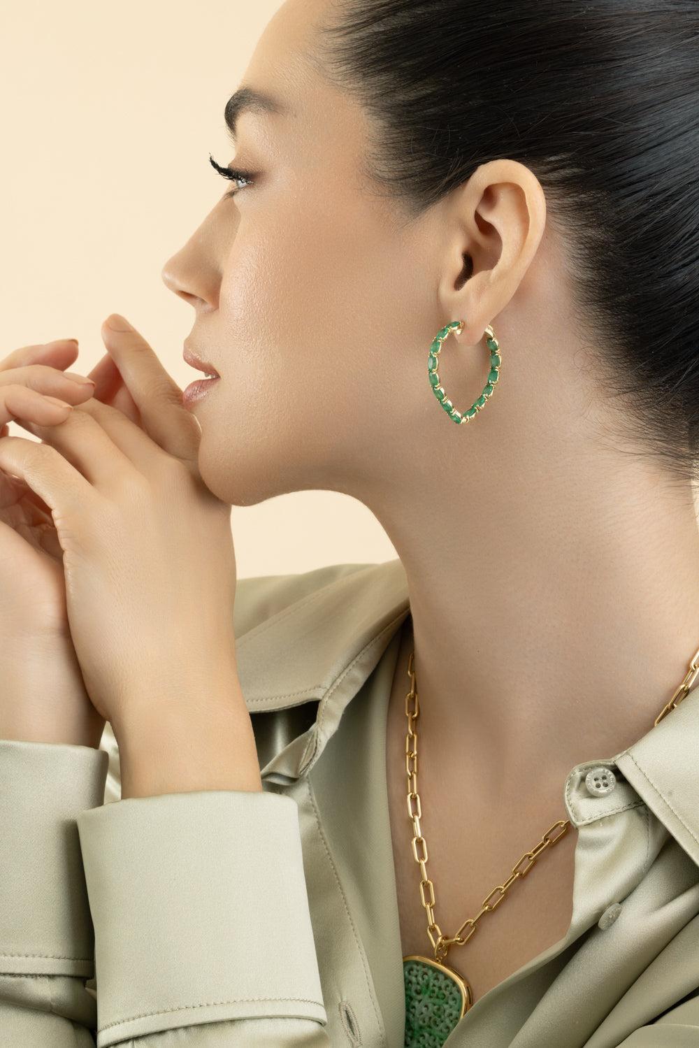 Emerald Oval Heart G - One Earrings-YELLOW GOLD-JEWELRYFINE JEWELEARRING-GOSHWARA