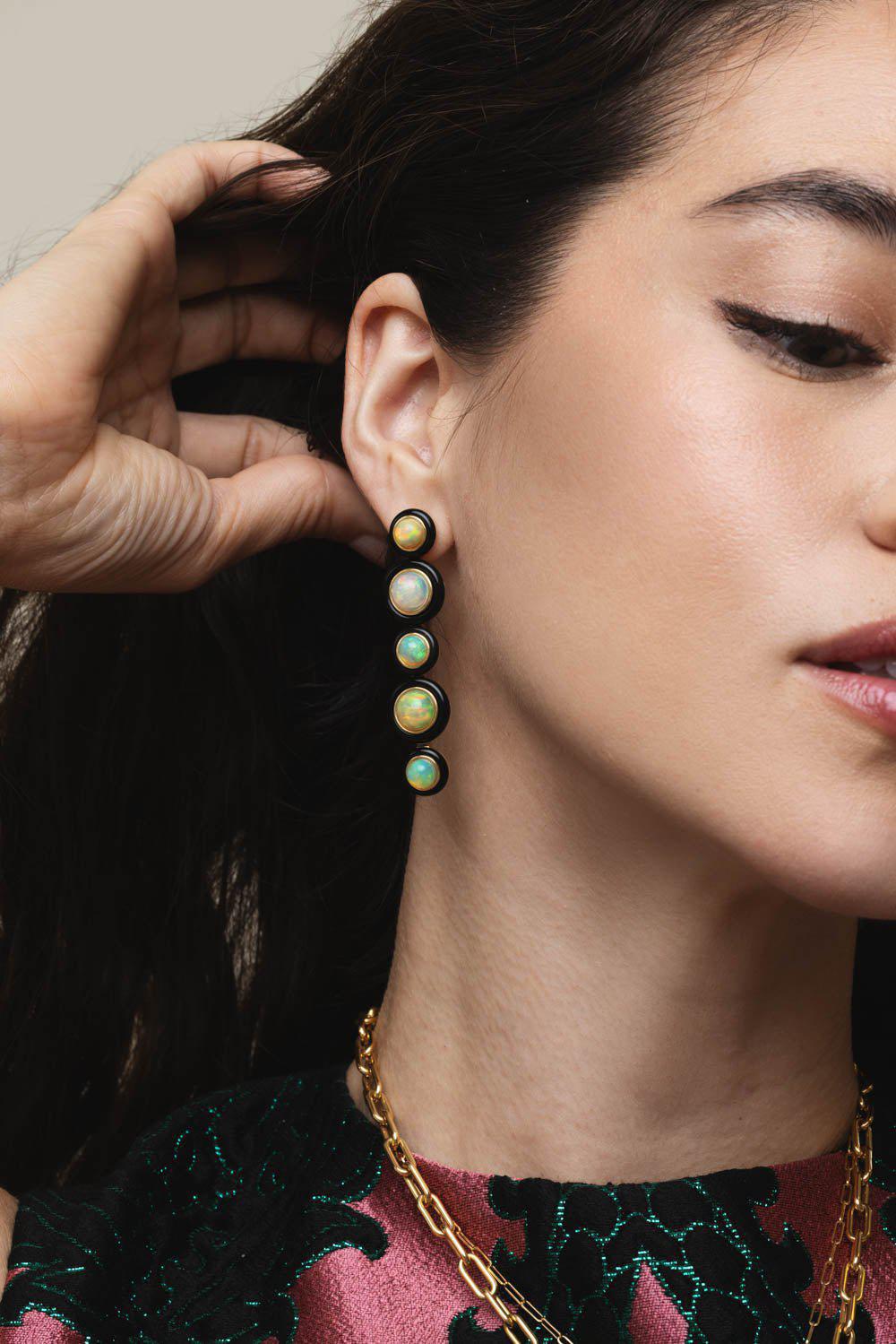 GOSHWARA-Five Tier Opal Onyx Earrings-YELLOW GOLD
