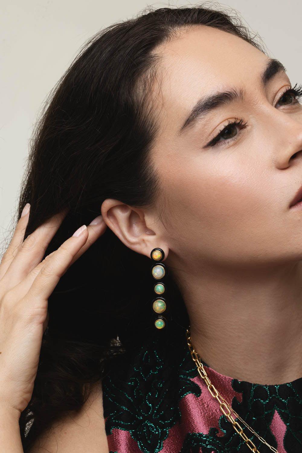 GOSHWARA-Five Tier Opal Onyx Earrings-YELLOW GOLD