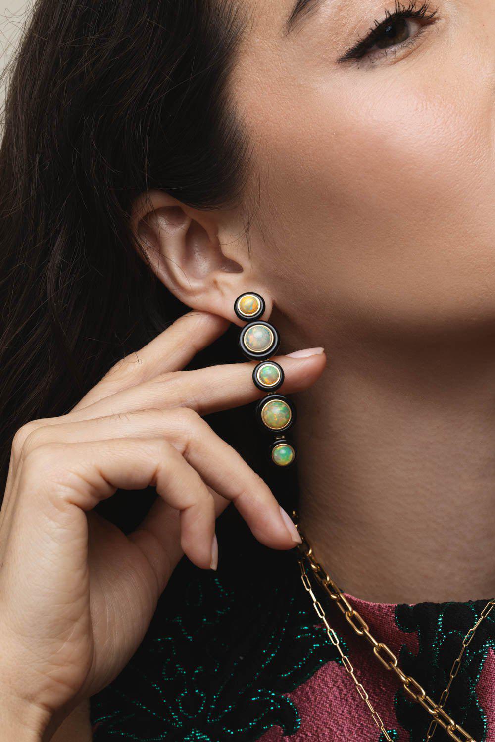 GOSHWARA-Five Tier Opal Onyx Earrings-YELLOW GOLD