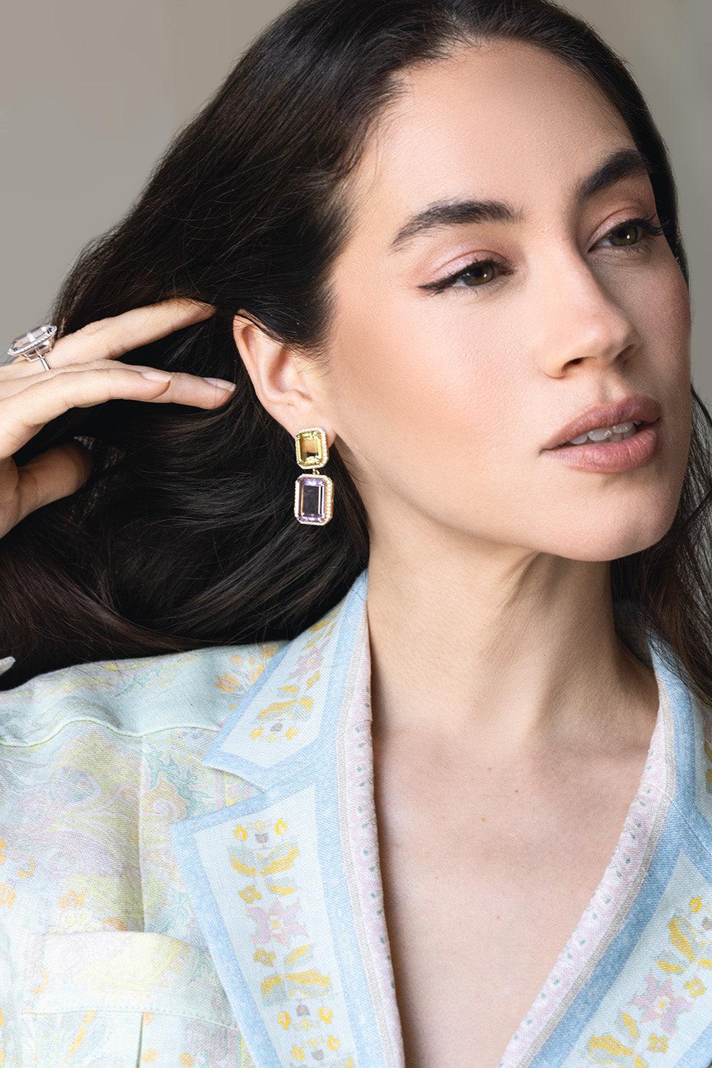 GOSHWARA-Gossip Multi Color 4 Stone Earrings-YELLOW GOLD