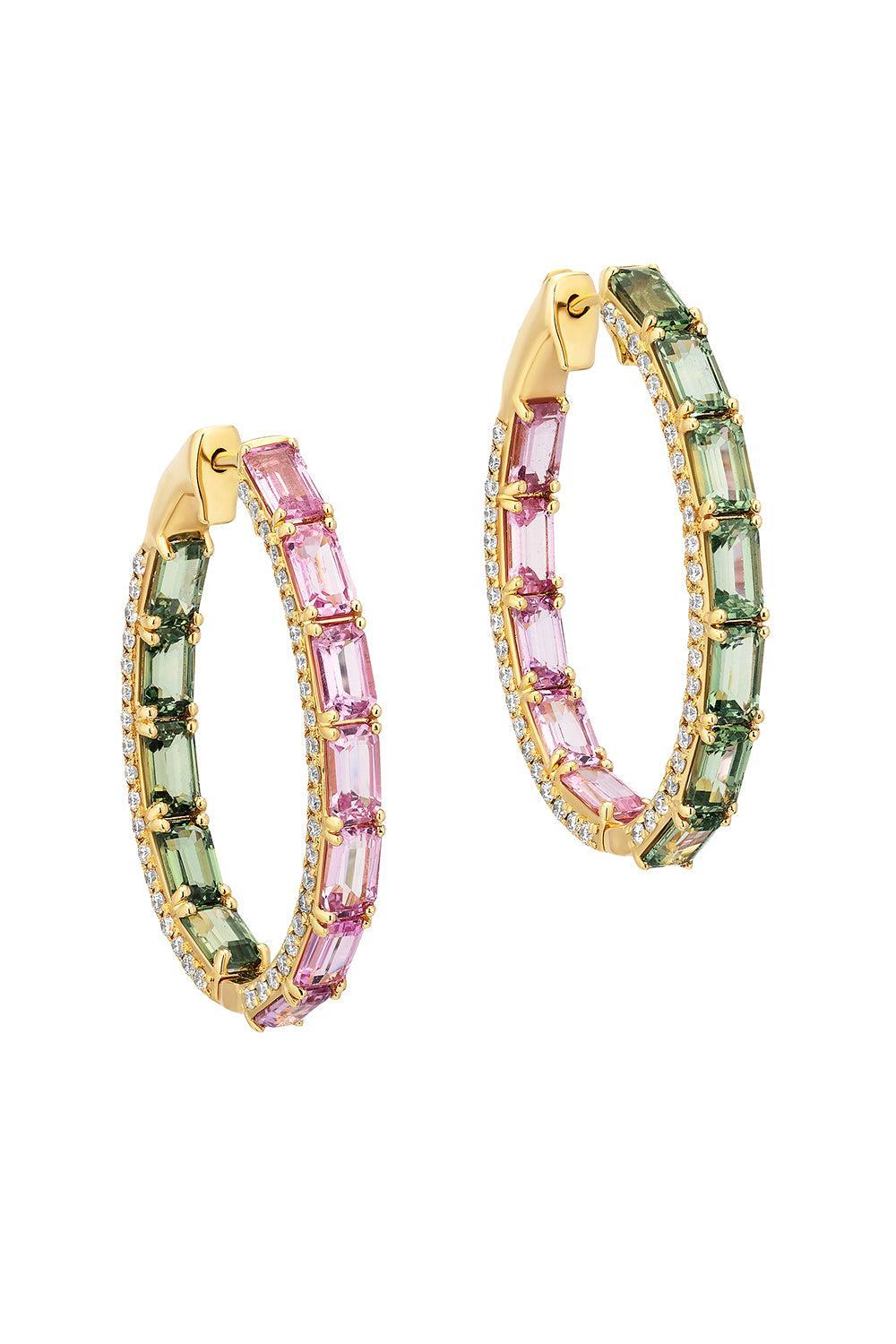 Green Sapphire Pink Sapphire Oval Hoop Earrings-YELLOW GOLD-JEWELRYFINE JEWELEARRING-GOSHWARA