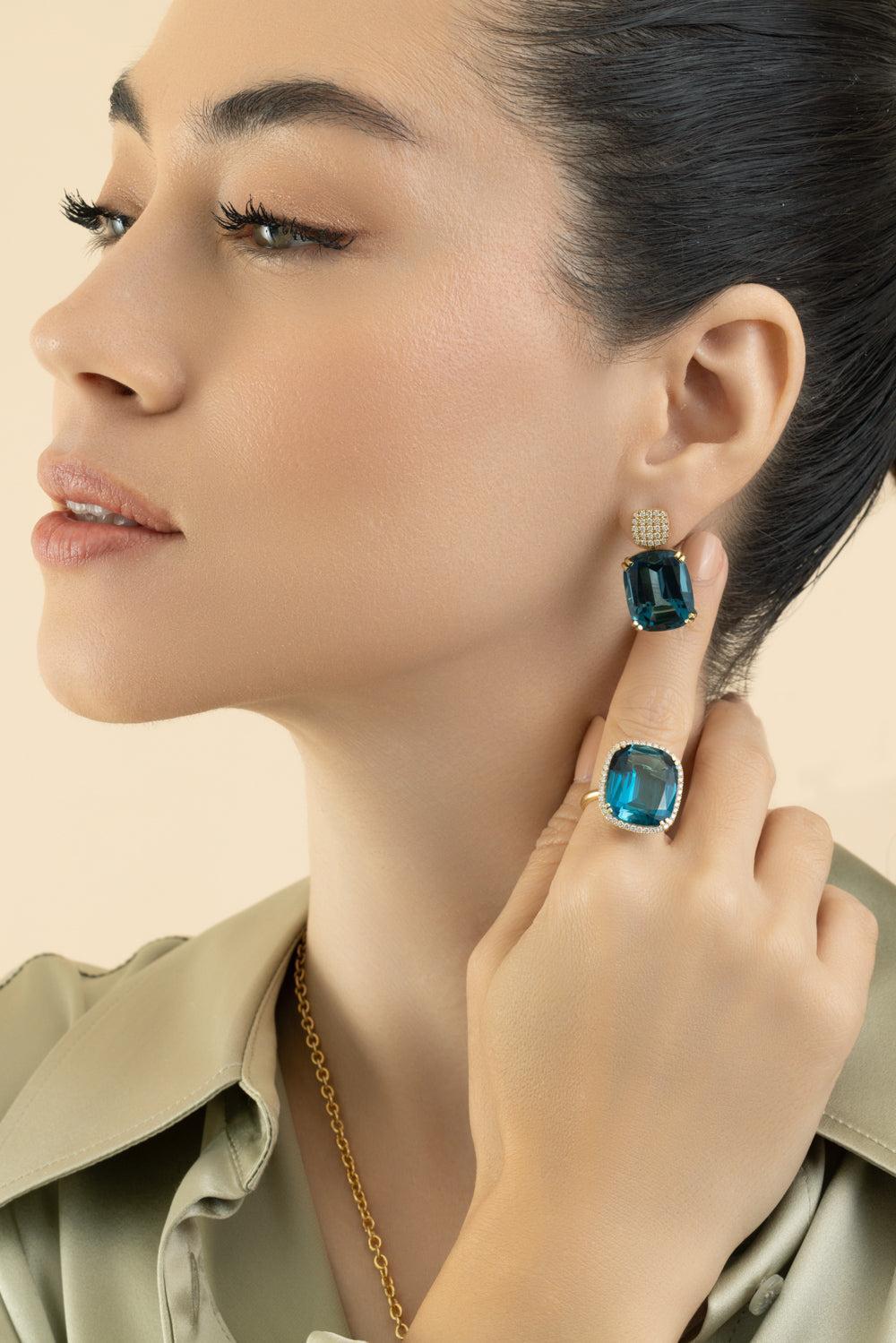London Blue Topaz Gossip Cushion Cut Earrings-YELLOW GOLD-JEWELRYFINE JEWELEARRING-GOSHWARA