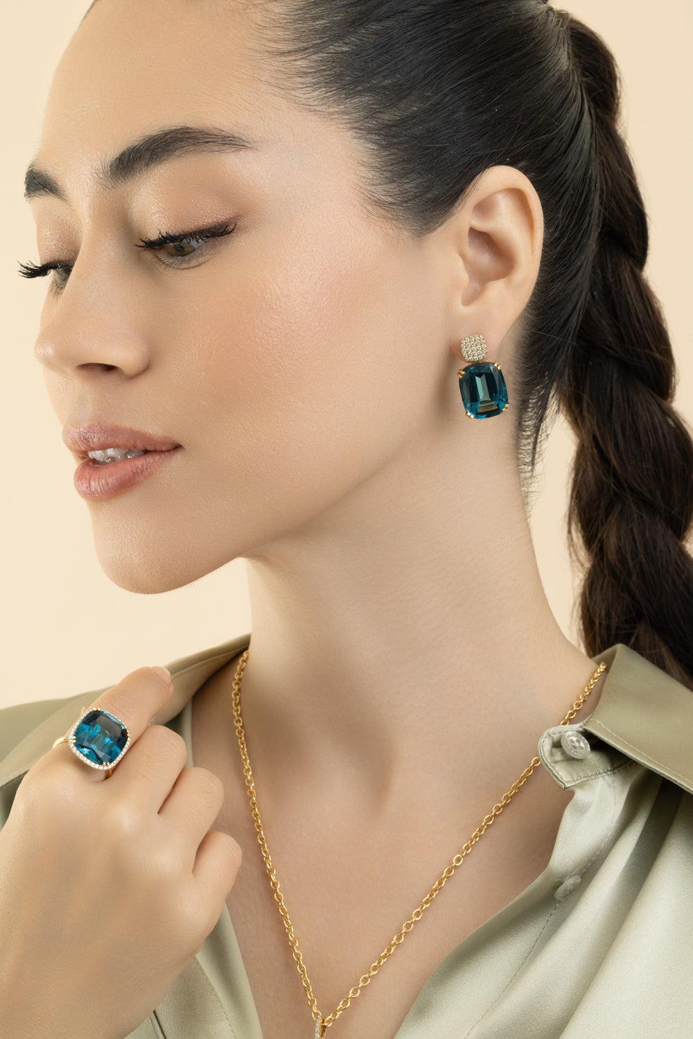 London Blue Topaz Gossip Cushion Cut Earrings-YELLOW GOLD-JEWELRYFINE JEWELEARRING-GOSHWARA