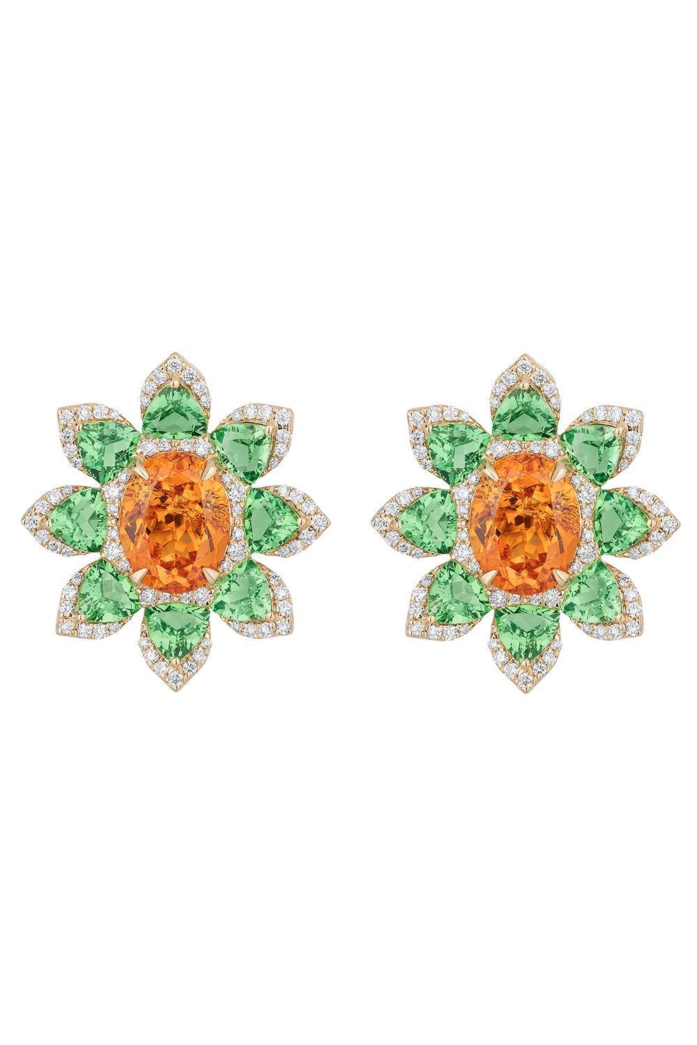 Mandarin Garnet Tsavorite Flower Stud Earrings-YELLOW GOLD-JEWELRYFINE JEWELEARRING-GOSHWARA