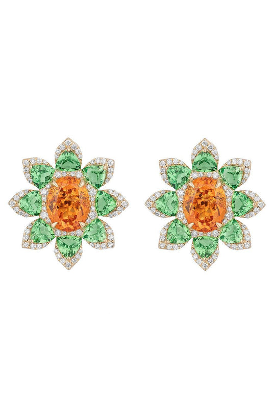 Mandarin Garnet Tsavorite Flower Stud Earrings-YELLOW GOLD-JEWELRYFINE JEWELEARRING-GOSHWARA