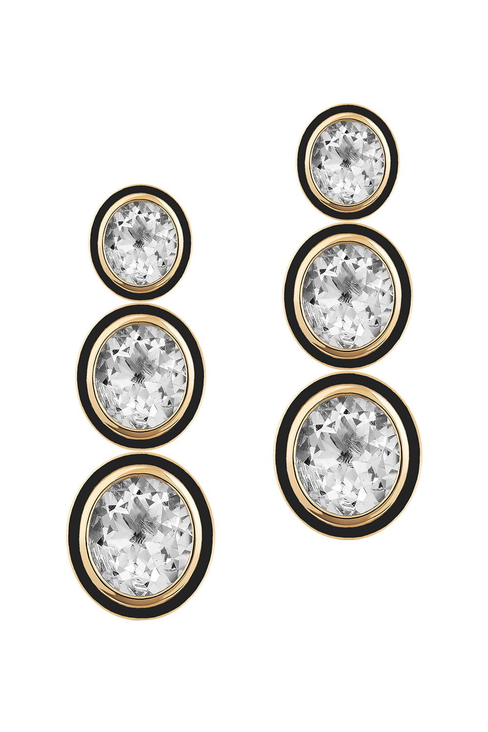 GOSHWARA-Melange Three Tier Rock Crystal Onyx Earrings-YELLOW GOLD