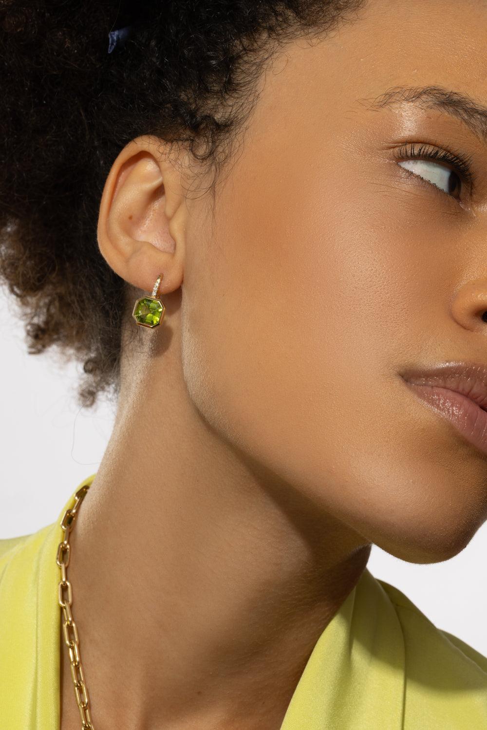 Peridot Asscher Gossip Earrings-YELLOW GOLD-JEWELRYFINE JEWELEARRING-GOSHWARA