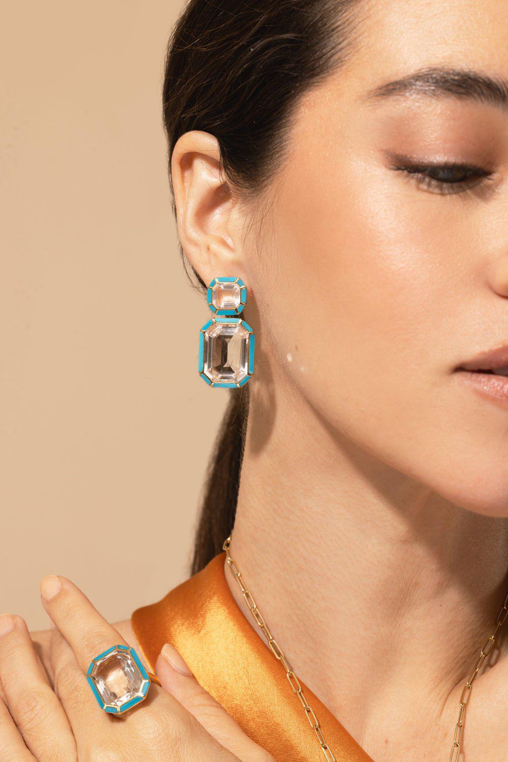 GOSHWARA-Rock Crystal Turquoise Earrings-YELLOW GOLD