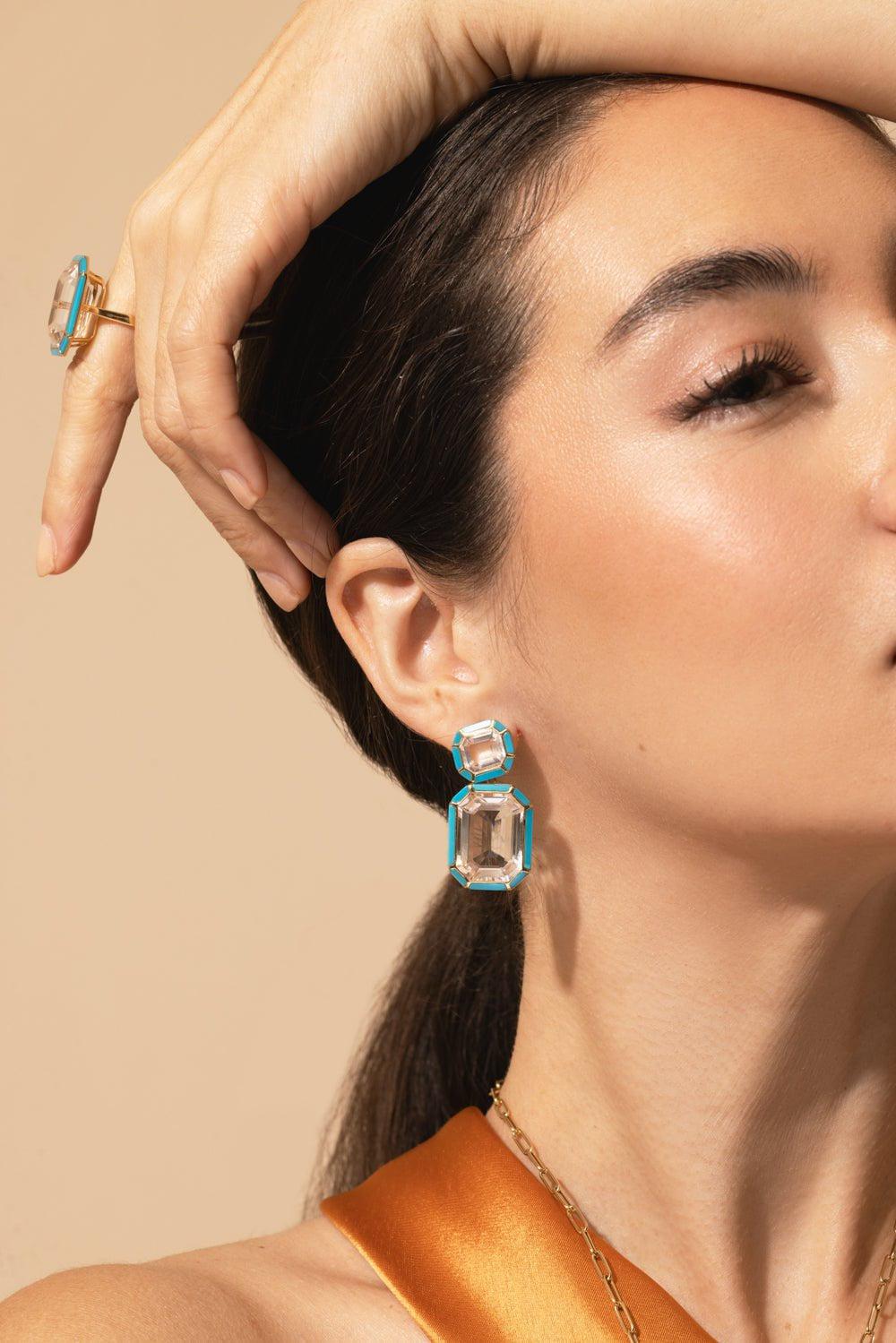 GOSHWARA-Rock Crystal Turquoise Earrings-YELLOW GOLD