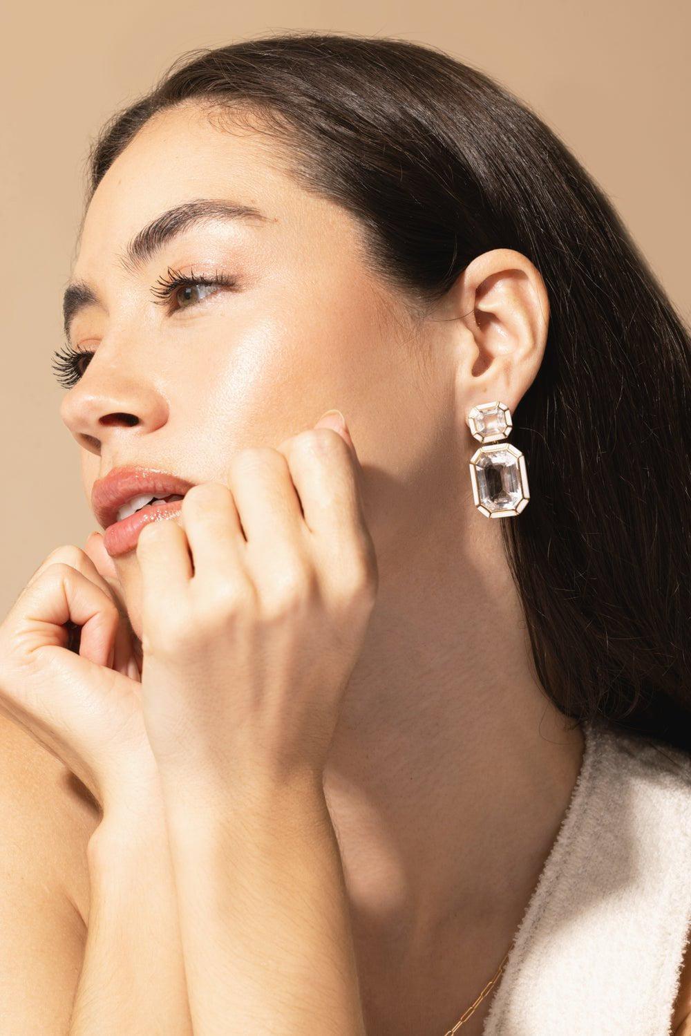 GOSHWARA-Rock Crystal White Agate Earrings-YELLOW GOLD