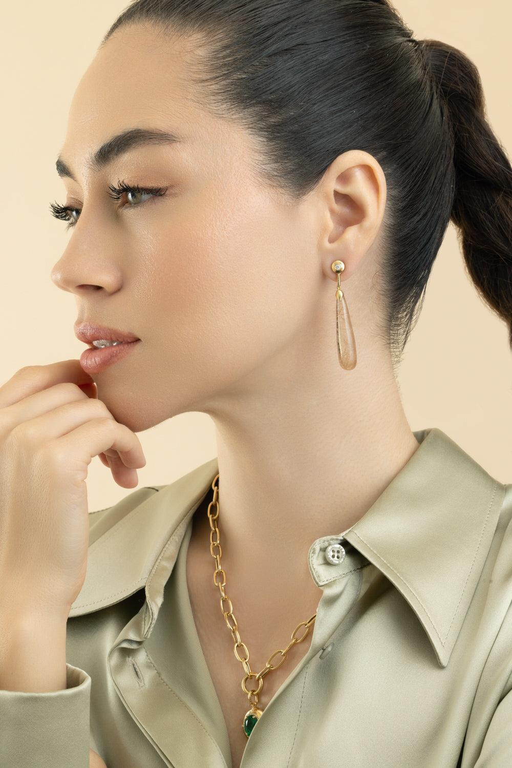 Rutilated Quartz Mia G - One Drop Earrings-YELLOW GOLD-JEWELRYFINE JEWELEARRING-GOSHWARA