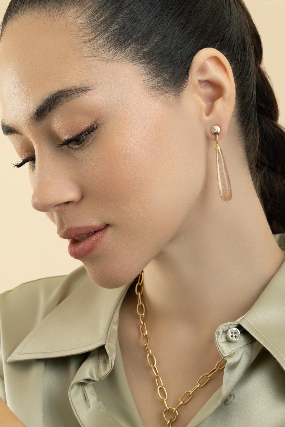 Rutilated Quartz Mia G - One Drop Earrings-YELLOW GOLD-JEWELRYFINE JEWELEARRING-GOSHWARA