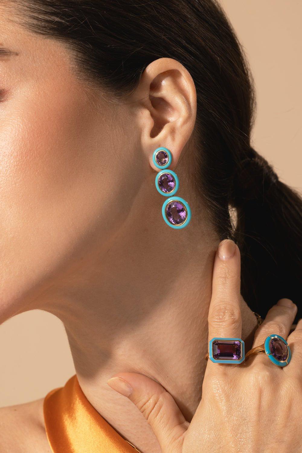 GOSHWARA-Three Tier Amethyst Turquoise Earrings-YELLOW GOLD