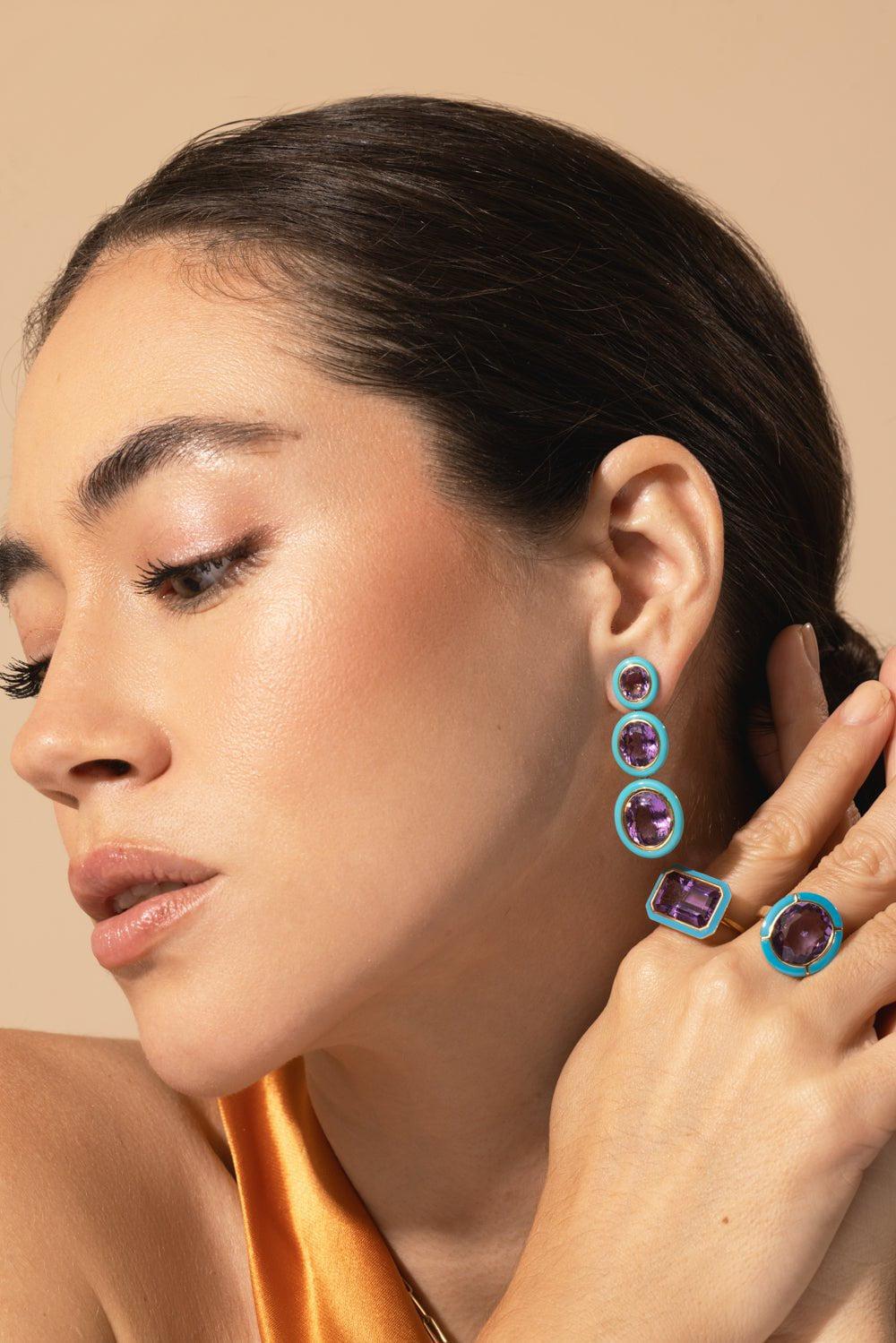 GOSHWARA-Three Tier Amethyst Turquoise Earrings-YELLOW GOLD