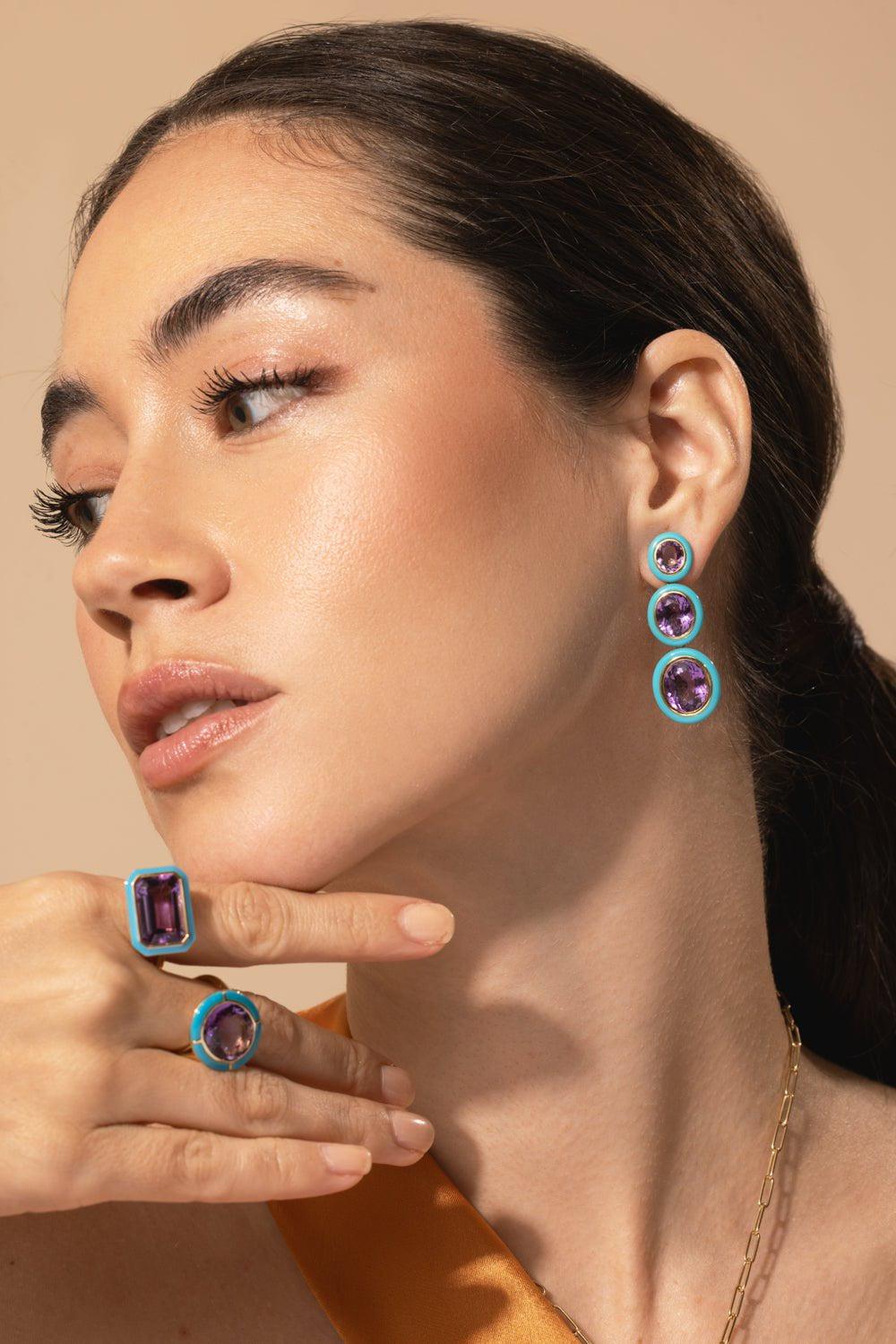 GOSHWARA-Three Tier Amethyst Turquoise Earrings-YELLOW GOLD