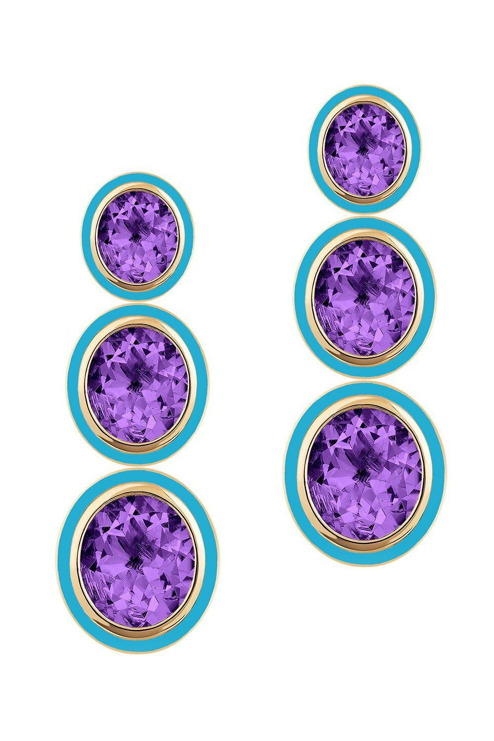 GOSHWARA-Three Tier Amethyst Turquoise Earrings-YELLOW GOLD