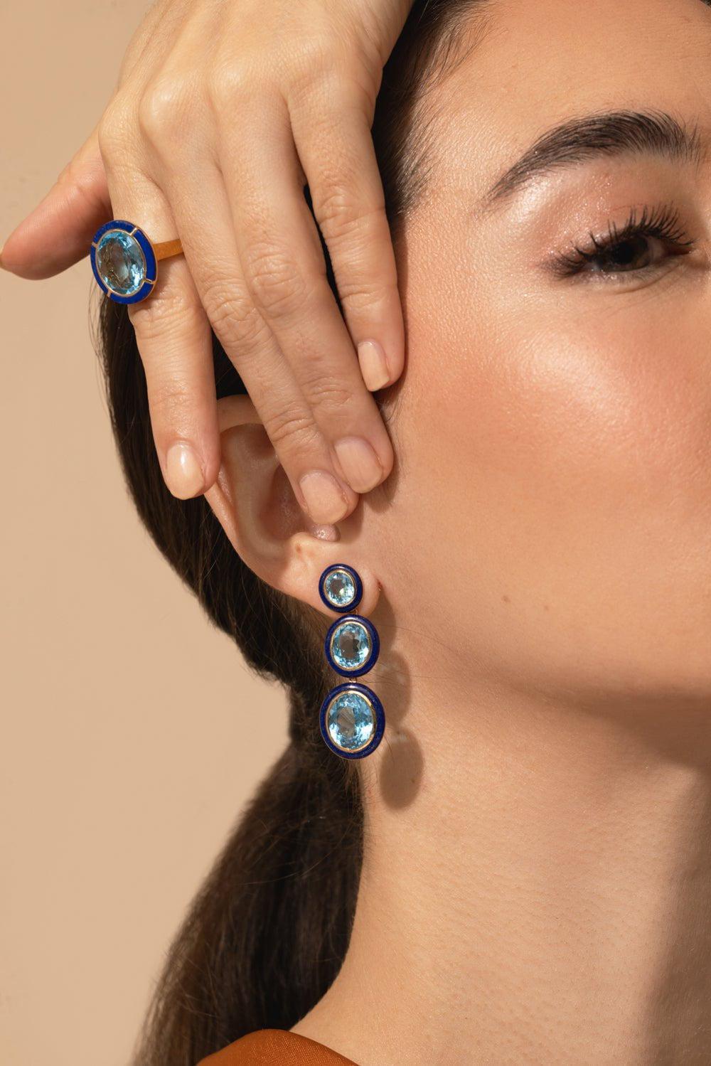 GOSHWARA-Three Tier Blue Topaz Lapis Lazuli Earrings-YELLOW GOLD